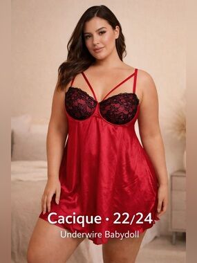 Cacique Red Satin Babydoll 22/24 Black Lace Underwire Strappy NWOT Plus